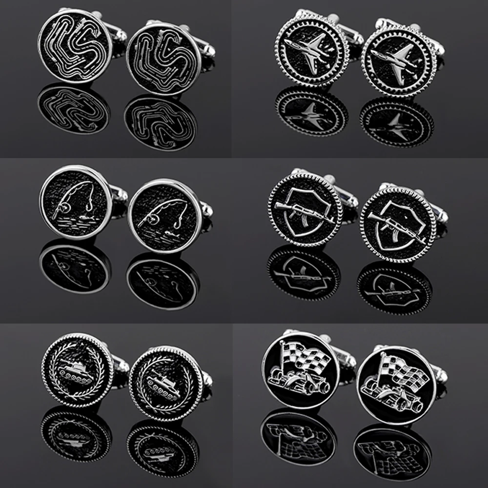 Novelty Themed Copper Cufflinks Rifle Shield Jet Plane Tank Fishing Rod Race Track & Car Brass Cuff Links for Men French Shirt