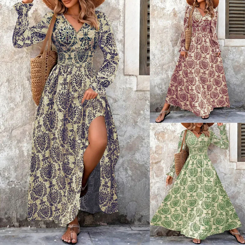 

Plus-size European and American cross-border autumn and winter vintage floral long dress with an elegant V-neck and long sleeves