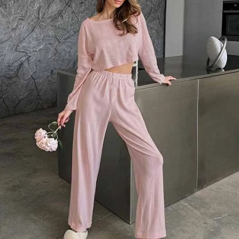 Women Knitted Jacquard Pajamas Set Autumn Soft Pink Homewear 2 Pcs Shirt&pants Loungewear Casual Loose Home Clothes Sleepwear