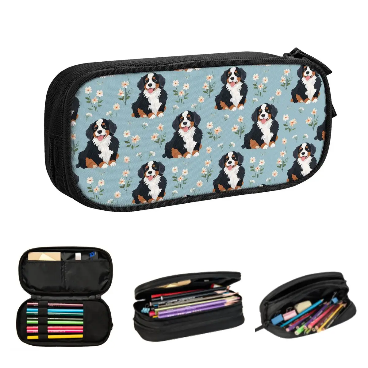 Cartoon Cute Bernese Mountain Dog Pattern Pencil Cases for Students School Pen Box Pencil Bag Large Storage Pencil Pouch