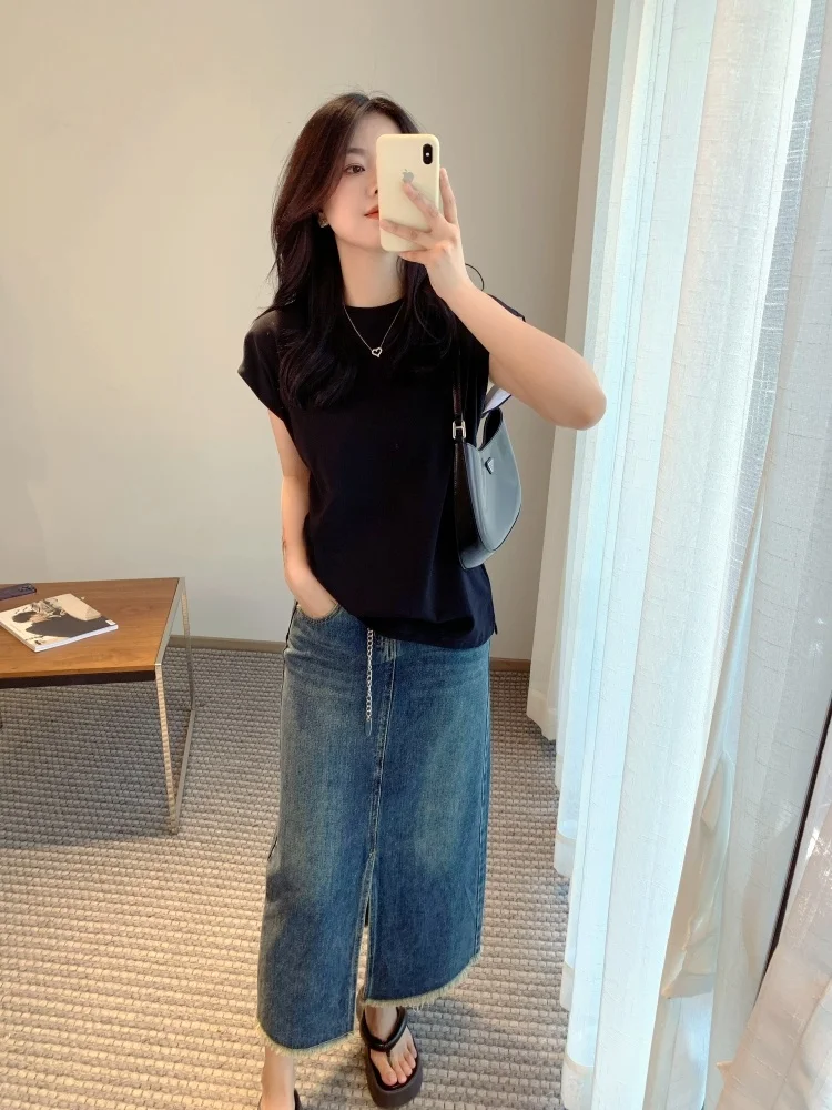 

Футболка из чистого хлопка для женщин, летняя, повседневная, удобная, свободного кроя, однотонная, с круглым вырезом, для работы и отдыха