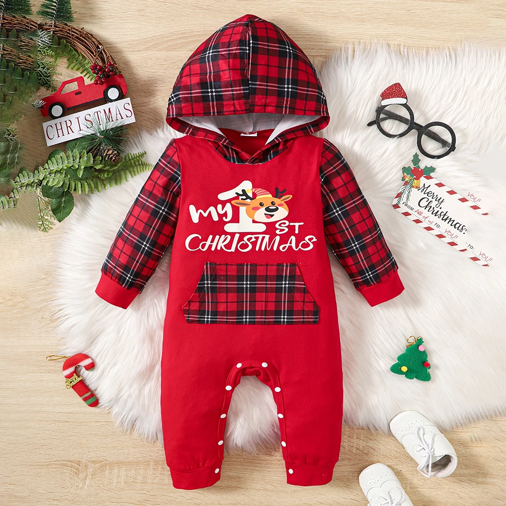 0-18M Hooded My First Christmas Baby Rompers Boys Girls Red Plaid Long Sleeve Unisex Jumpsuit New Year Costumes Winter One piece