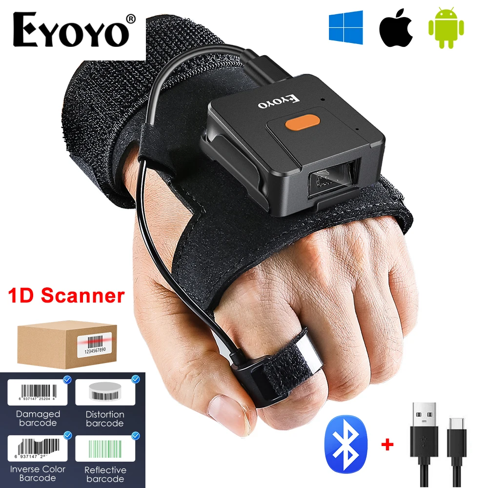 Eyoyo Wearable Glove 1D Bluetooth Barcode Scanner Laser Finger Trigger Wireless Inventory Bar Codes Reader Works With Phones PC