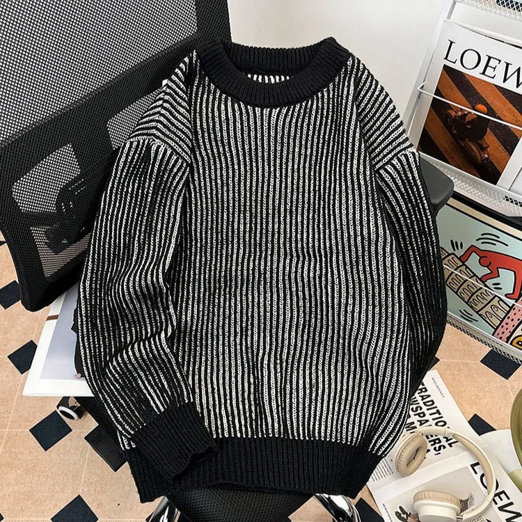 

Men's round Ne Thiened Knitted Sweater Winter 2025 Faion Warmth Inner Wear Long Sve Striped Polyester Fiber Casual