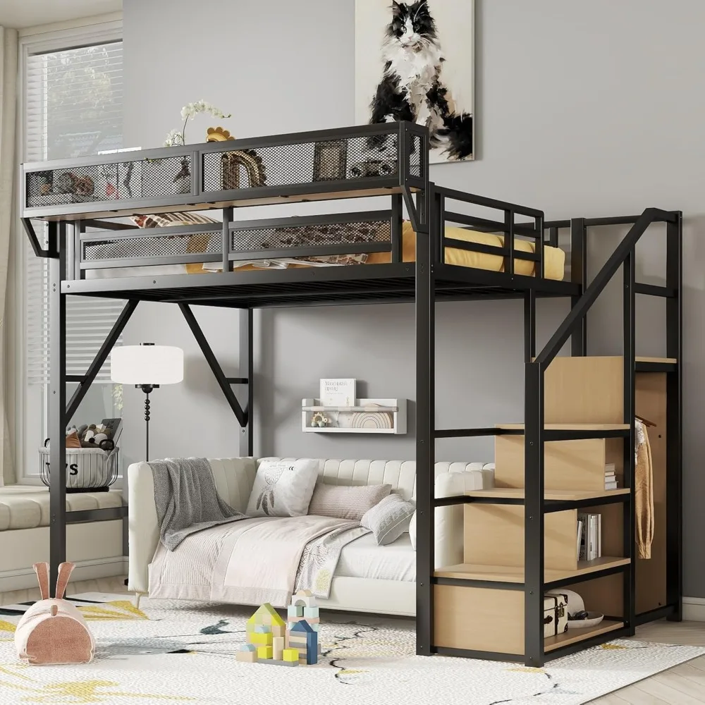 

Full Size Loft Bed with Stairs and Storage, Metal Loft Bed Frame with Bedside Shelf and Large Under-Bed Space, Heavy-Duty Bed fo