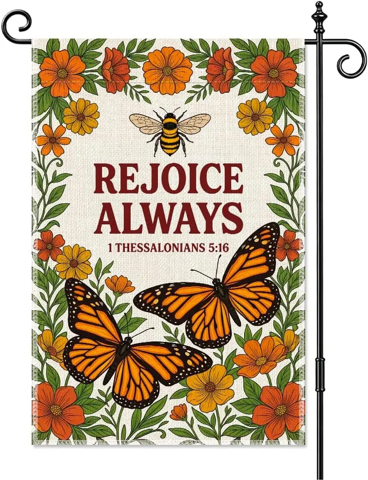 Rejoice Always 1 Thessalonians 5:16 Floral Bee Garden Flag 12x18 Inch Double Sided, Christian Outdoor Yard Flag, Botanical F kkz