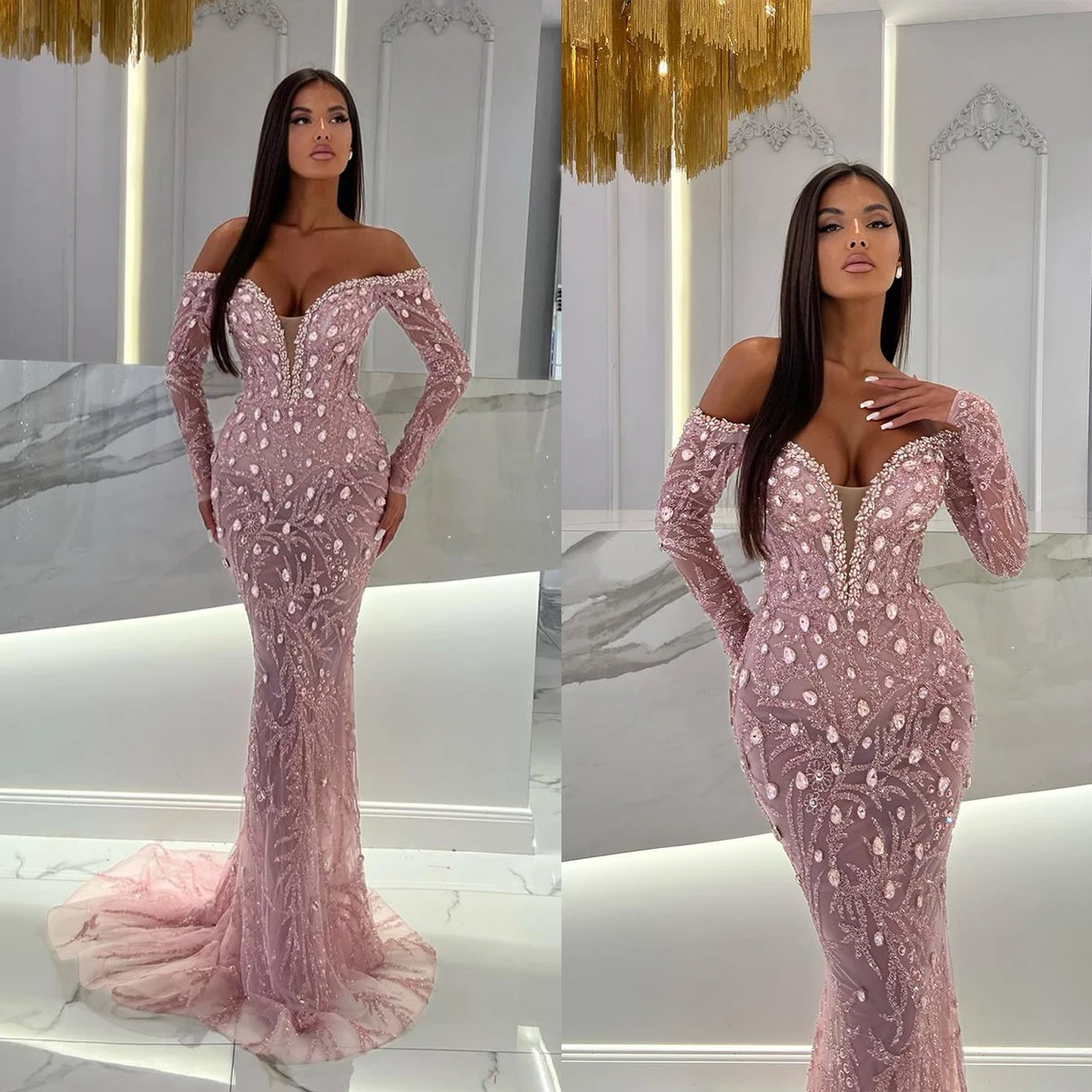 

Sparkly Sequins Mermaid Evening Dresses Off Shoulder Crystal Beading Long Sleeve Prom Gowns Custom Made Plus Size Pageant Party