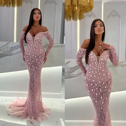 Sparkly Sequins Mermaid Evening Dresses Off Shoulder Crystal Beading Long Sleeve Prom Gowns Custom Made Plus Size Pageant Party