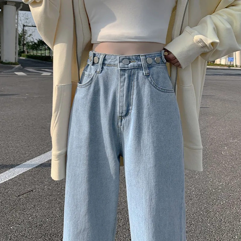 High Waist Wide Leg Denim Jeans Women's Fleece Lined Slimming High Street Straight Leg Pants Casual Cotton Zipper Winter