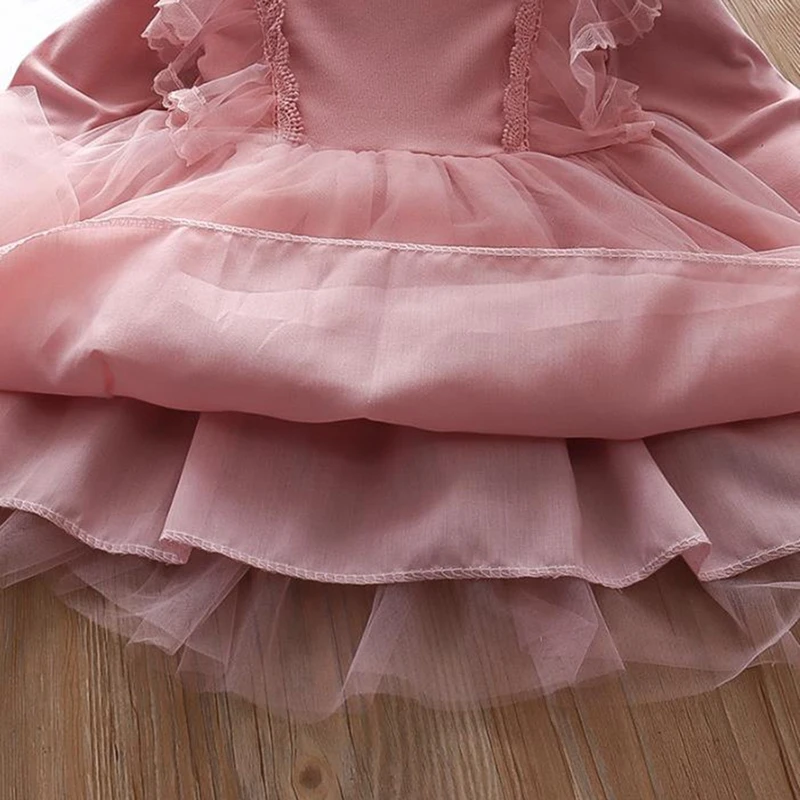 Autumn Kids Girls\' Dresses Cotton Solid Color Long Sleeve Tulle Dress Spring Child Sweet Princess Birthday Skirt Clothes 1-7Y