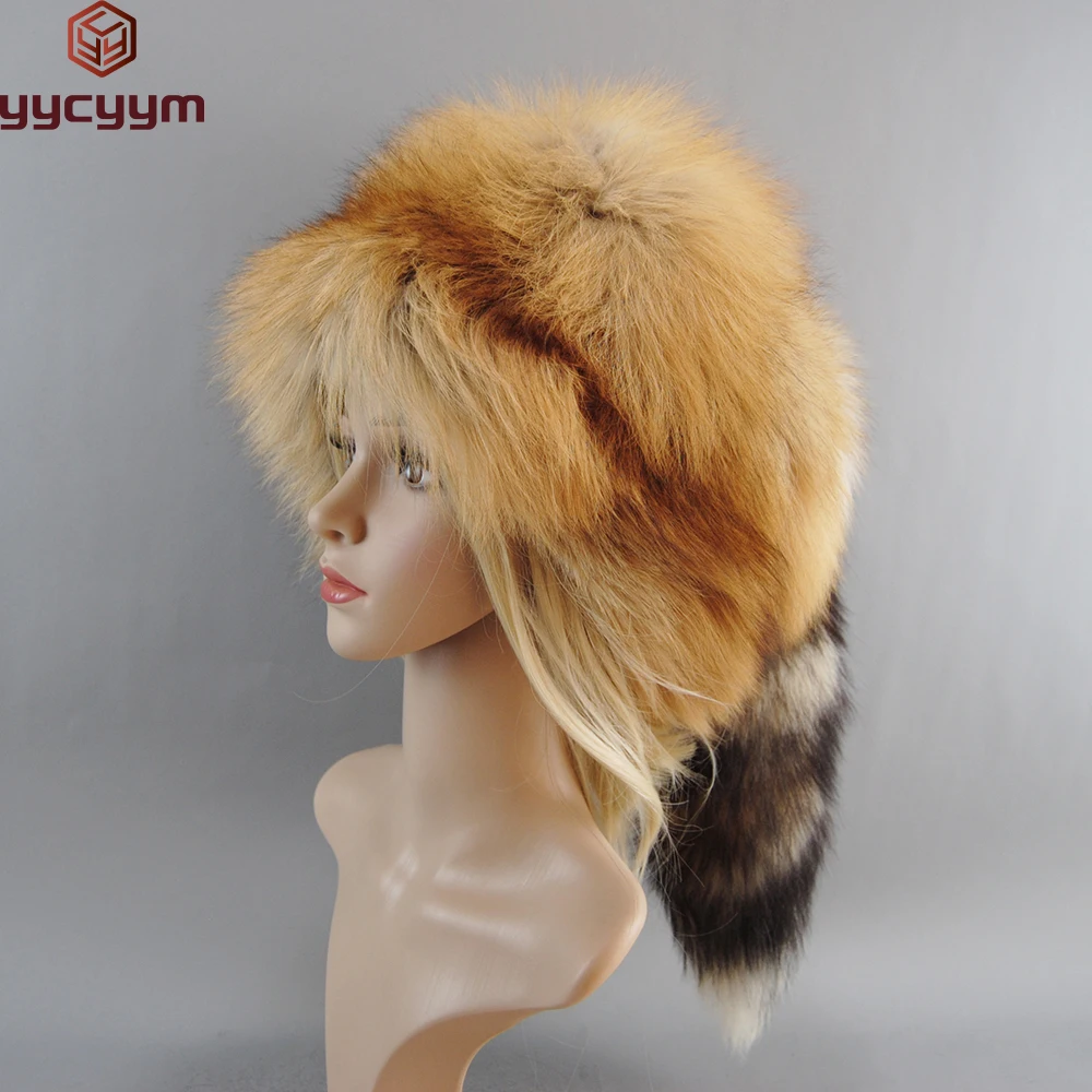 New 2024 Fashion Bomber Hat Unisex Real Fox Fur Beanies Hat Mongolian Hat Unique Process Fox Tail Design Luxury Winter Warm Hats