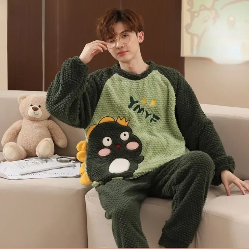 

Male Coral Velvet Sleepwear Men's Pajamas Autumn Winter Cartoon Loungewear Youth Loose Size Plush Thicken Warm Home Clothing Set