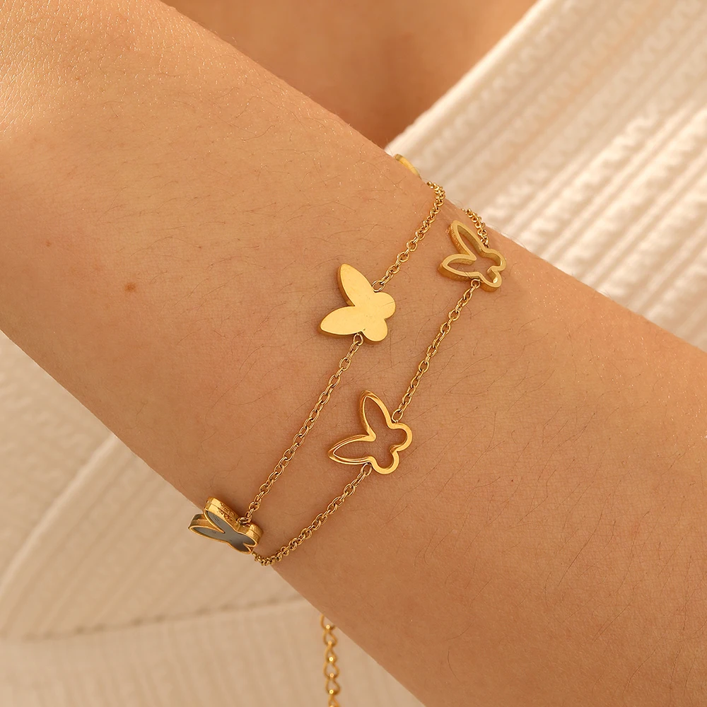 LAMENGLY 316L Stainless Steel Black Shell Inlay Hollow-Out Butterfly Double-Layer Bracelet Women New Trend Hand Chain Party Gift