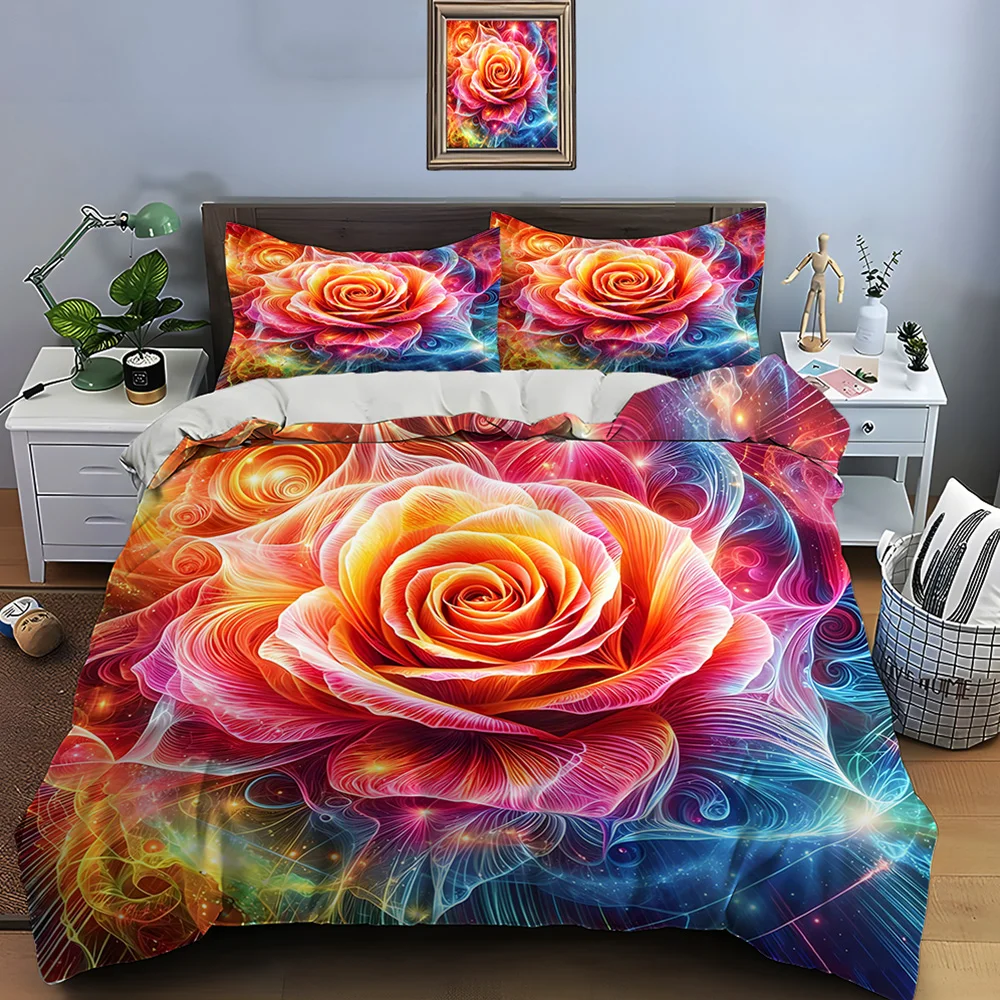 Vibrant swirling colorful rose Bedding Set for Kids Luxury Gift 3pcs Digital Print Comforter Set Soft Comfortable Breathable