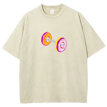 女性のドーナツプリントTシャツ、かわいいルーズトップ、ラウンドネック、半袖、レトロスノーフレーク、ウォッシュ、ヒップホップ、単色、ファッション