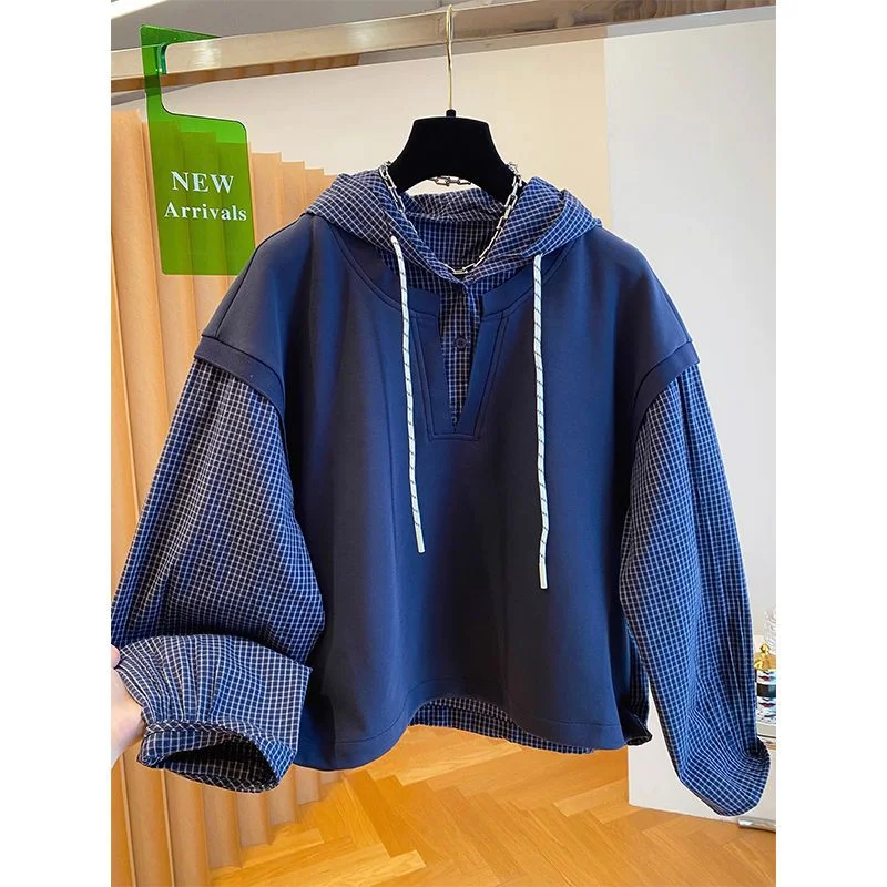 

Plaid Splicing Fake Two Piece Sweatshirt Women Large Size Hooded Contrasting Color Top Spring Autumn Long Sleeved Pullover