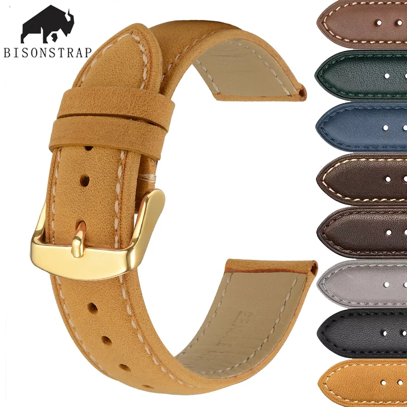 

BISONSTRAP Calfskin Leather Watchband Soft Material Wrist Strap 16mm 18mm 19mm 20mm 21mm 22mm 23mm 24mm Watch Band Gold Buckle