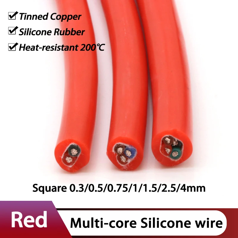 1/2/3/5/10M Red Silicone Rubber Cable Sq 0.3/0.5/0.75/1/1.5/2.5 mm x 2/3/4 Cores Insulated Flexible Copper High Temperature Wire