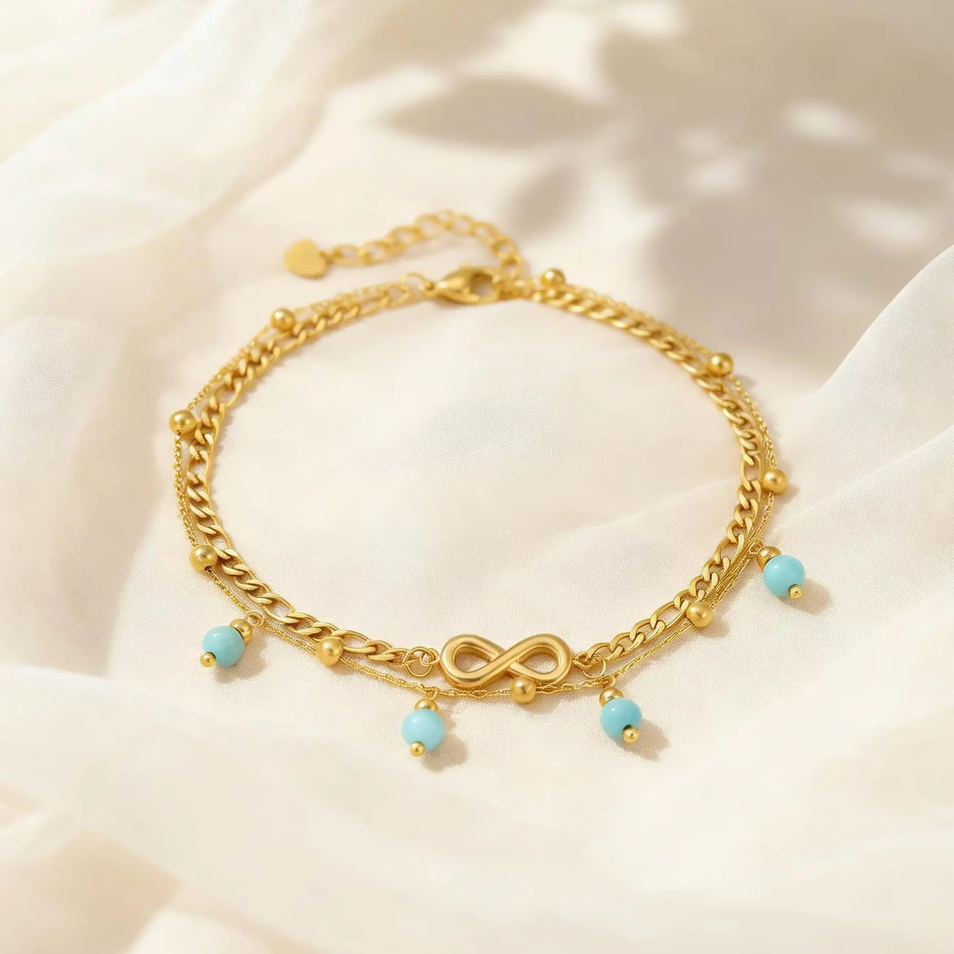 Stainless Steel Turquoise Stone Beads Tassel Anklet for Women, Fashion Infinite Charm Double Layer Ankle Bracelet, Foot Jewelry