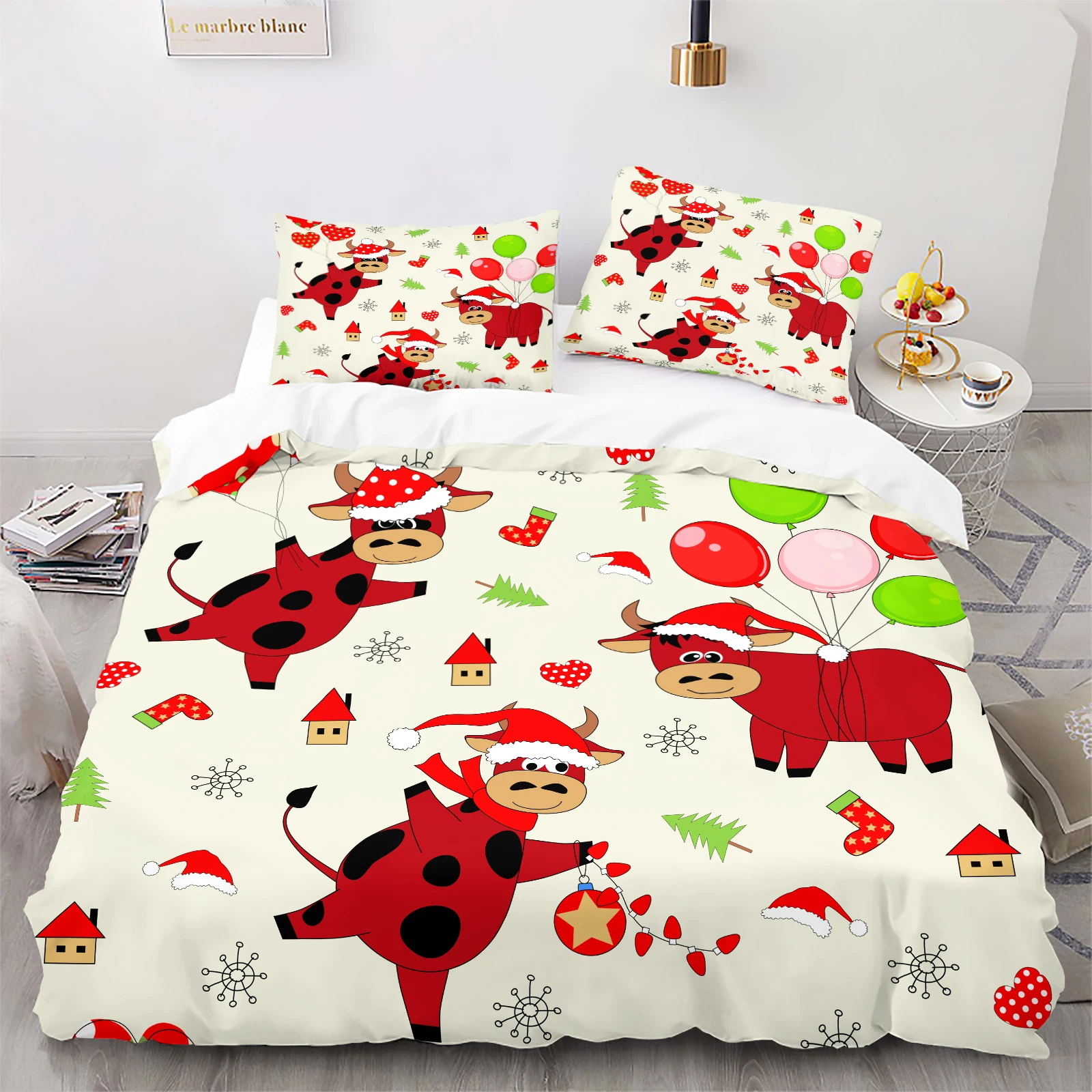 2/3Pcs Festive Cartoon Cow & Balloon Duvet Cover Set, Cream w/ Snowflakes, Cute Holiday Bedding