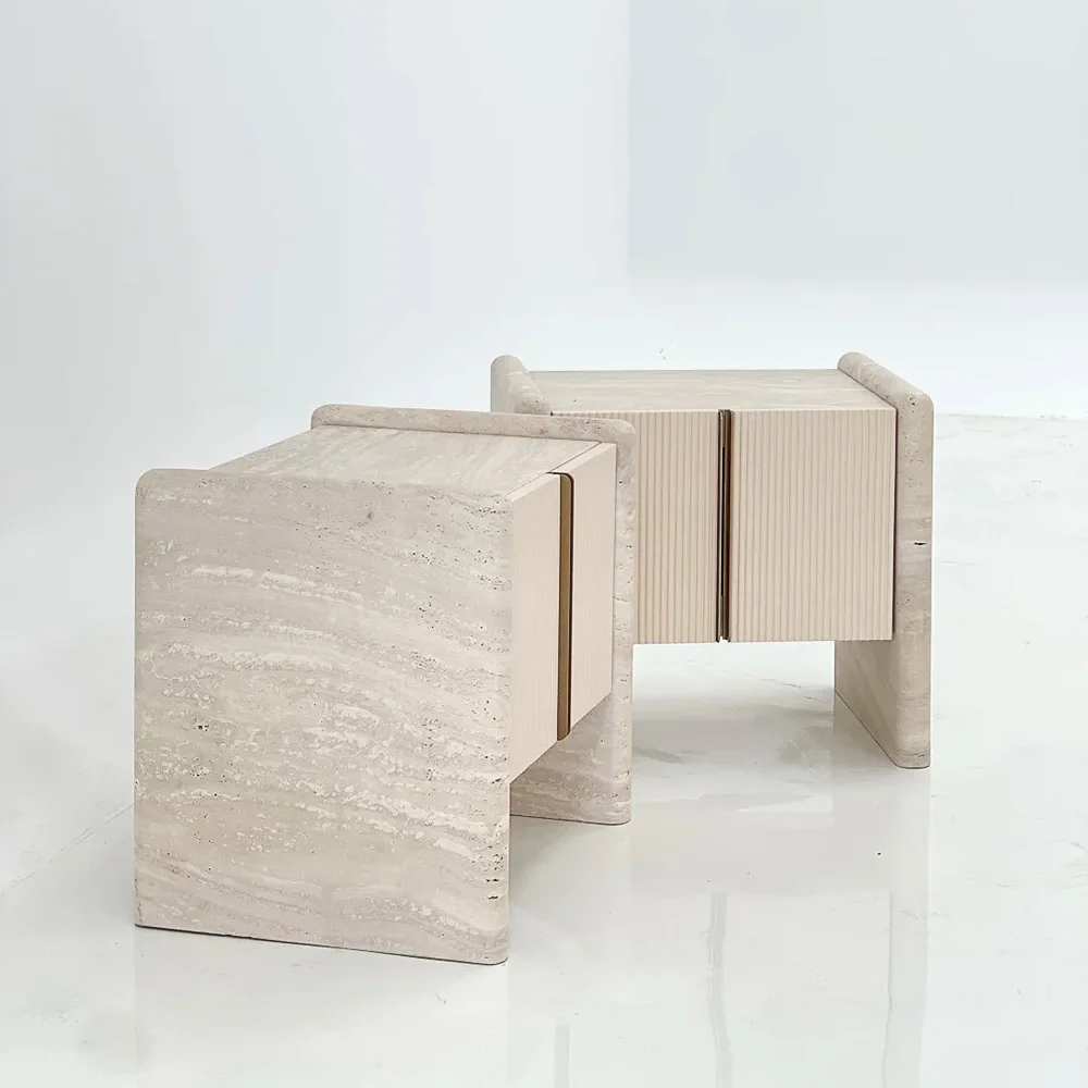 Designer Travertine Bedside Cabinet Fluted Door Luxury Nightstand for High-End Interiors