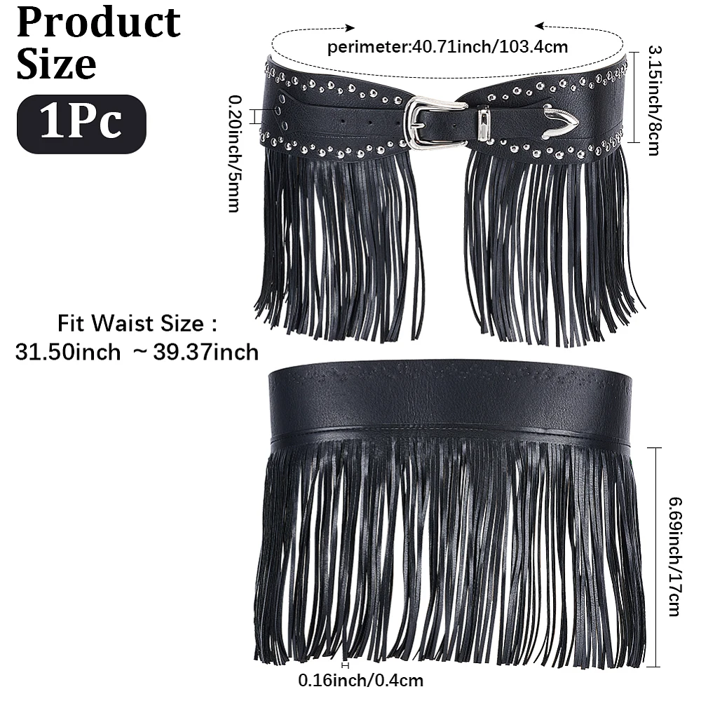 Black Fringe Belt PU Leather Adjustable Gothic Punk Boho Vintage Tassel Studded Short Skirt Rave Waistband Waist Belts for Party