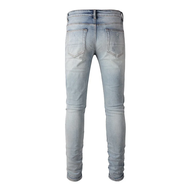 Men Patches Jeans Streetwear Light Blue High Stretch Denim Pants Ripped Distressed Skinny Tapered Trousers