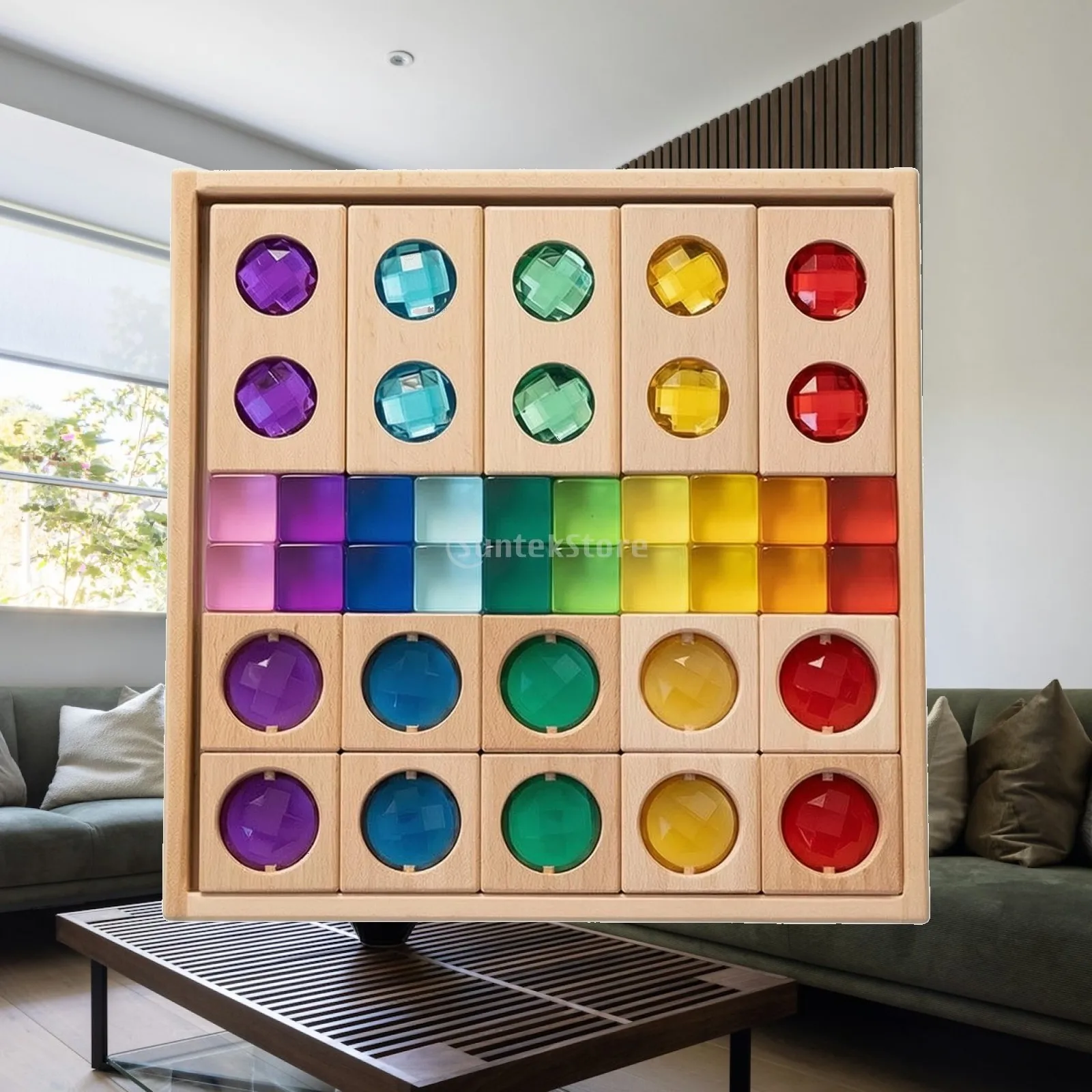 Wooden Learning Toys for Kids Building Blocks with Acrylic Window Inserts for Open Ended Play Activities