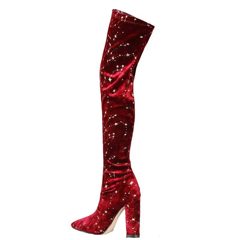 

Bing Bling Stars Embellished Upper Suede Hot Stamping Slip-On Over The Knee Stretch Boots Elastic High Block Heel Shiny Shoes