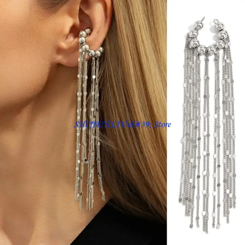 E21F Stylish Clip On Earrings Long Flowing Strand And Bead Design Fashion Jewelry