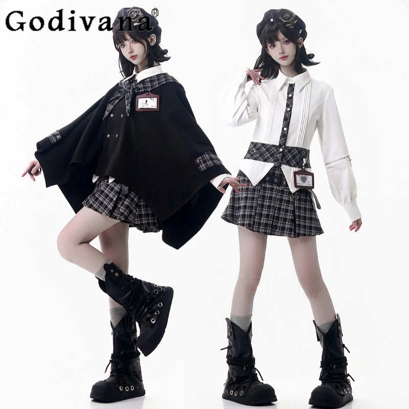 

College Style Sweet Cool Cape Cloak Autumn Winter New Student Y2K Double-Breasted Short Jacket Long Sleeve Shirt Plaid Skirt Set