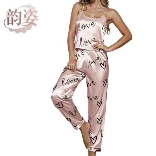 Woman Summer Pajama Sleeveless Crop Top Sleepwear Set Wide Leg Pants Loungewear Set Pink Base Heart Pattern Women's Pajamas