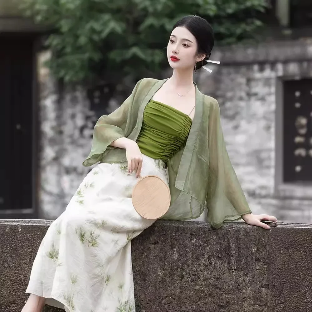 Plus Size 2024 Summer New Chinese Vintage Hanfu Outerwear Set Tank Top National Style Printing Skirt Three Piece Suit