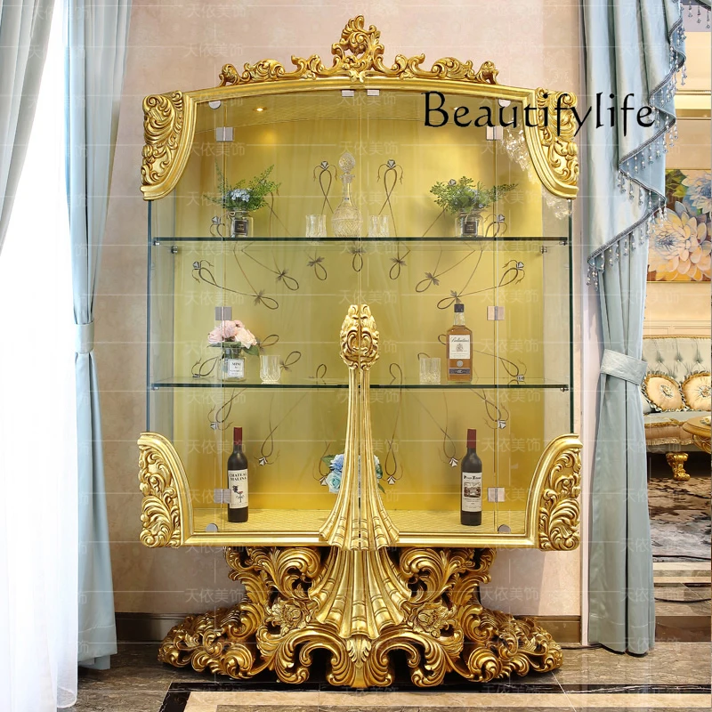 Vitrina europea con puerta de cristal, doble puerta, madera maciza tallada, flor, vitrina de vino, exhibición de pared de salón, diseñador de lujo