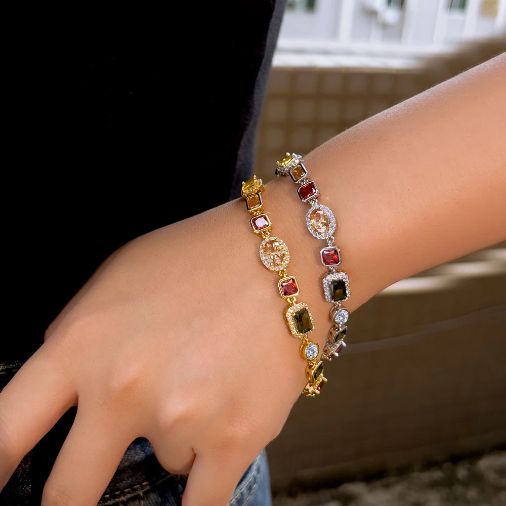 CWWZircons Wunderschöne, mehrfarbige, bunte Zirkonia-Gliederkettenarmbänder für Damen, verstellbarer, trendiger Handschmuck CB353 – Detail 2