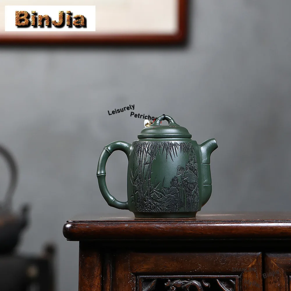 250ml Classic Yixing Purple Clay Teapots Handmade Carved Bamboo Rhythm Pot Raw Ore Green Mud Kettle Zisha Tea Set Supplies Gift