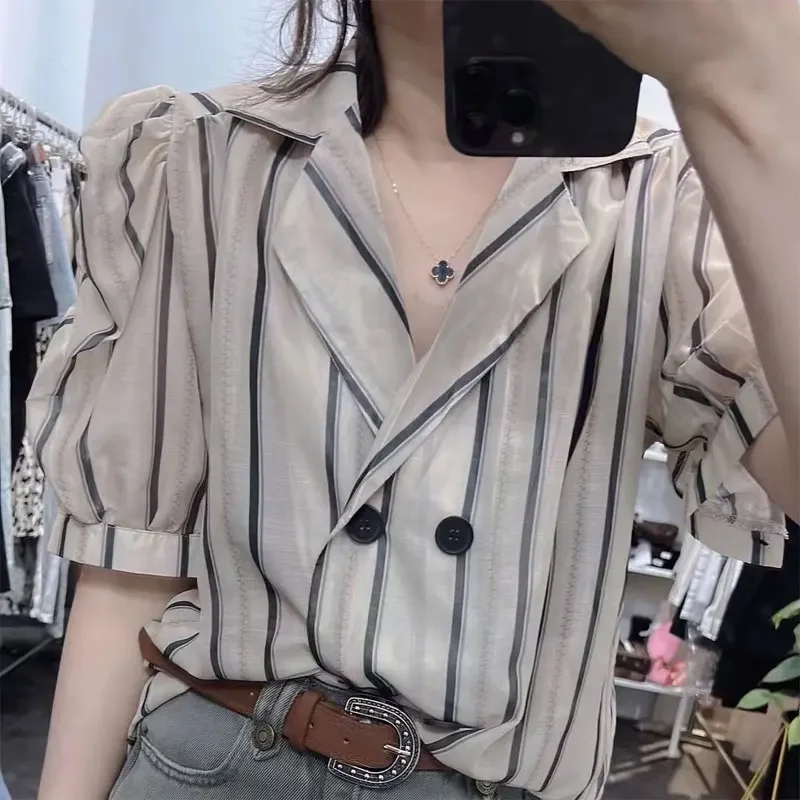 

Stylish Tailored Collar Blouse Summer Korean Striped Women's Clothing Commute Loose Button Casual Basic Short Sleeve Shirt B777