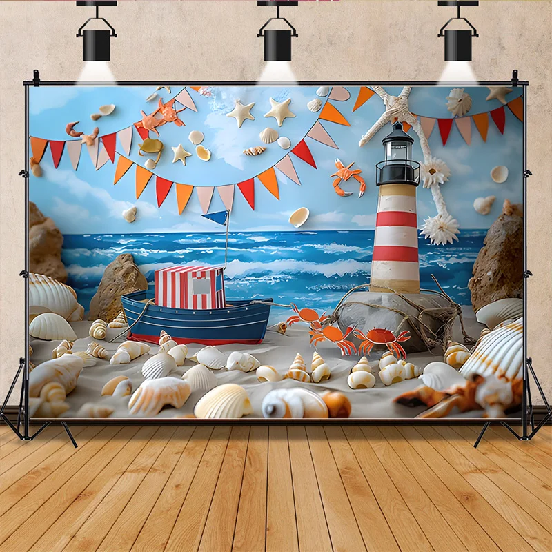 

Navigation Sailboat Starfish Theme Photography Backdrops Birthday Party Decor Global Fishing Net Photo Studio Background TE-10