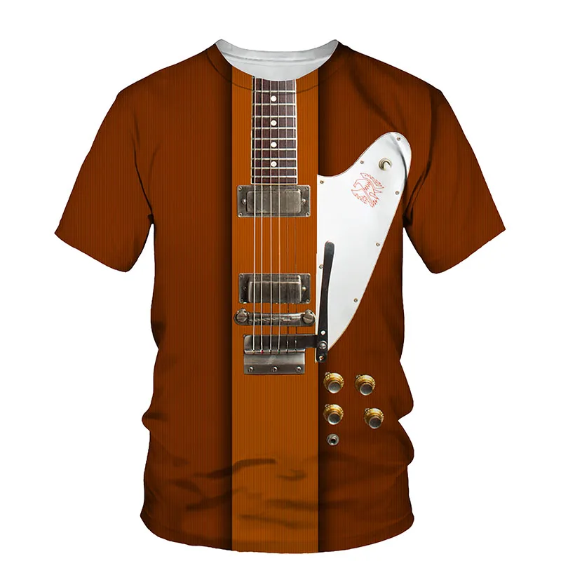 Summer New O-neck Short-sleeved T-shirt 3D Art Guitar Printing Shirt Men\'s Fashion All-match Harajuku Literary Fan Casual Top