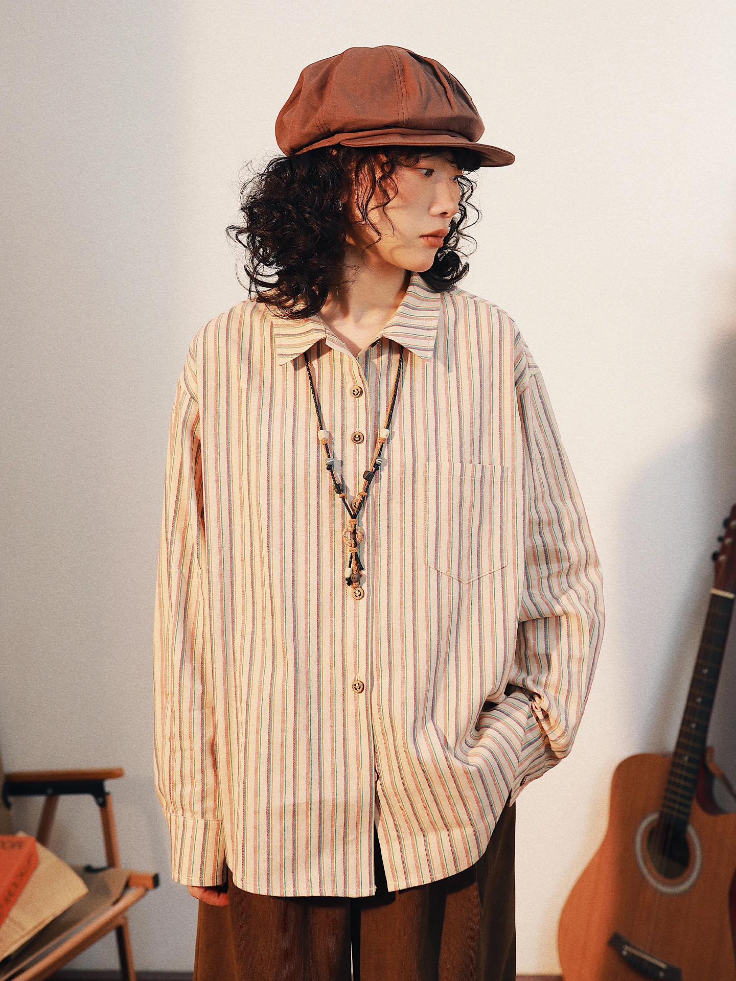 

Retro Striped Long Sve irt Women's Loose Fit Button up Cotton Top Spring Autumn AITA STU Trrow Store Face De...