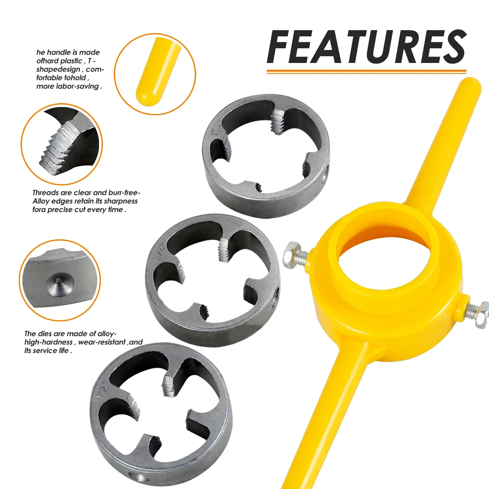 NPT Die Set 6PCS/Set PVC Thread Maker Tool Pipe Round Die Set Pipe Threader Plumbing Tool Three Maker Size: 1/2