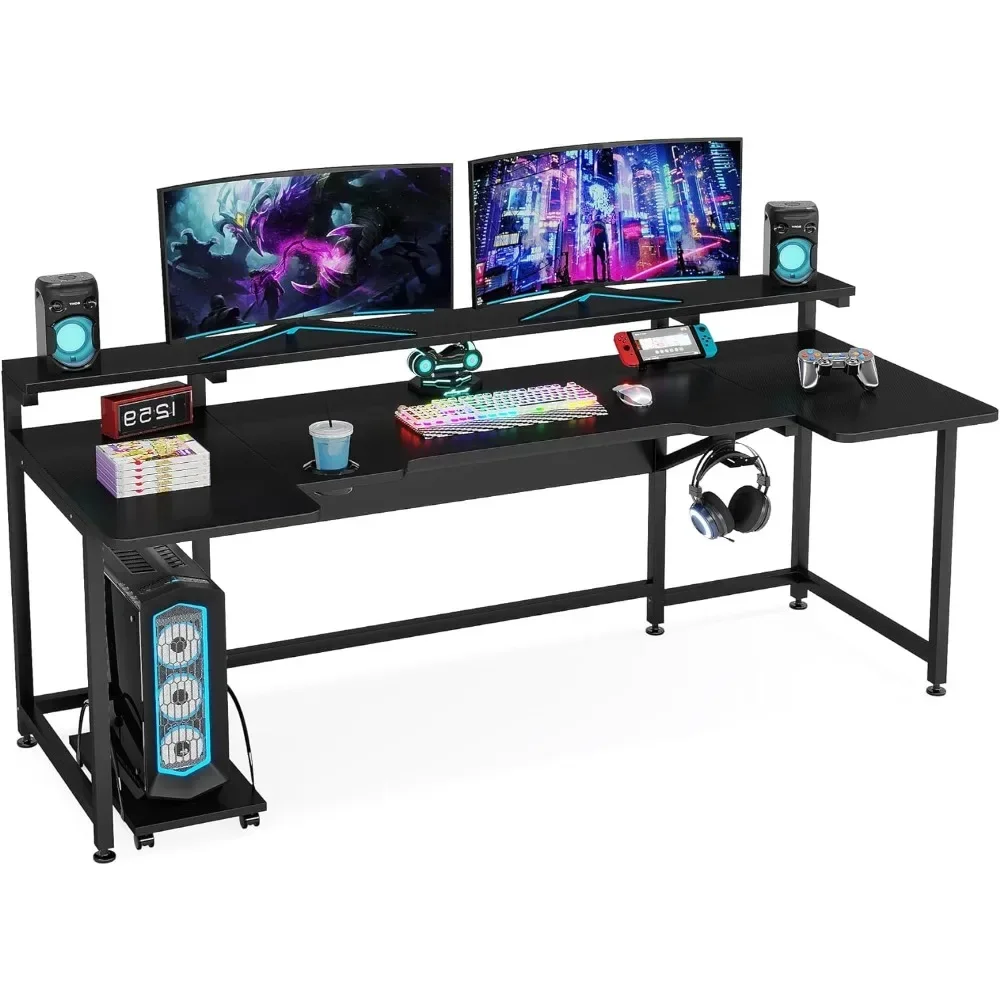 

%a Tribesigns 74.8 Inch Gaming Desk, Extra Long U Shaped Computer Desk with Monitor Stand Shelf and CPU Stand, Black Gamer Des
