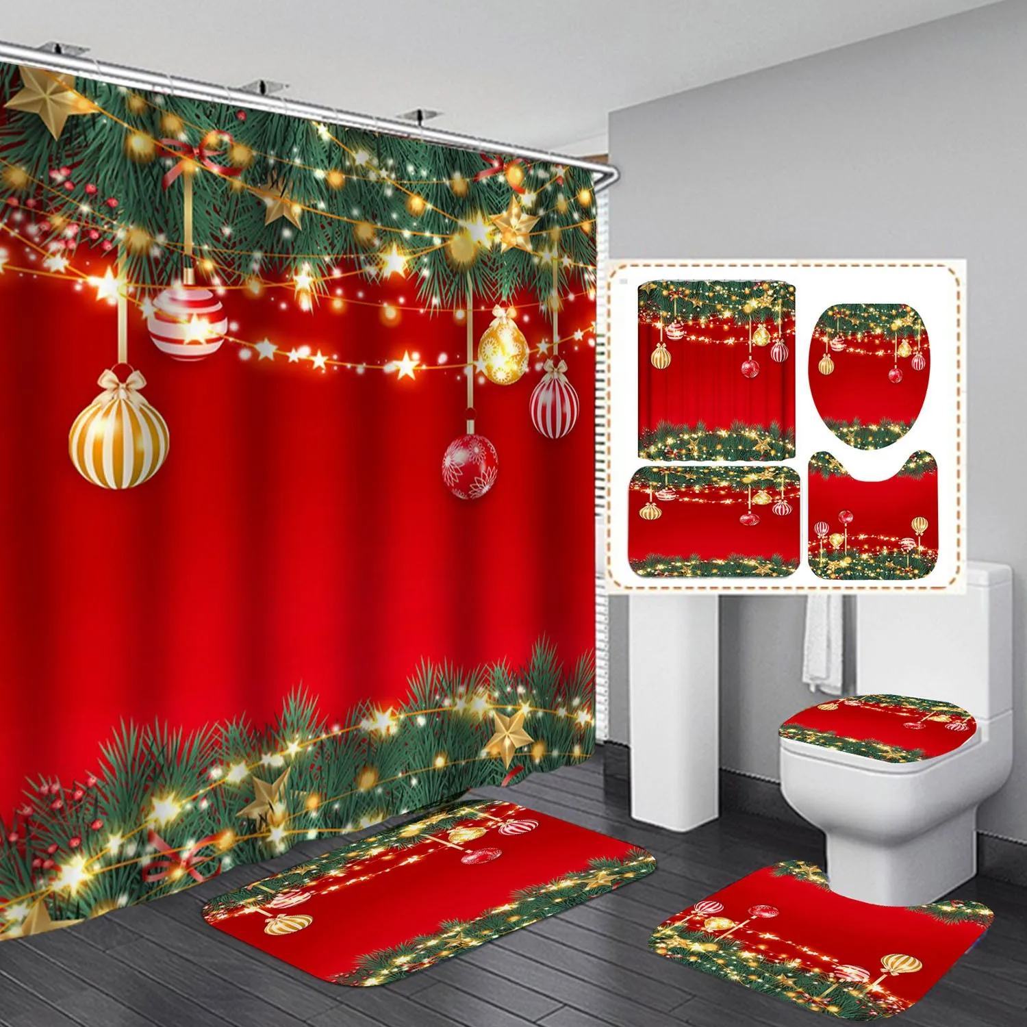 4-piece Christmas Shower Curtain Set - modern housewarming gift - includes a shower curtain, toilet mat, U-shaped mat, fl