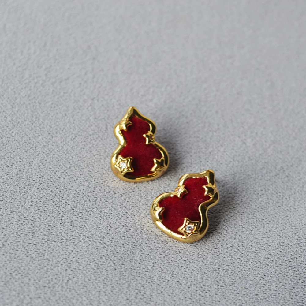 Chinese Niche Design Earring New Year Festive Red Flocked Star Gourd Stud Earrings 925 Silver Needle Jewelry for Women