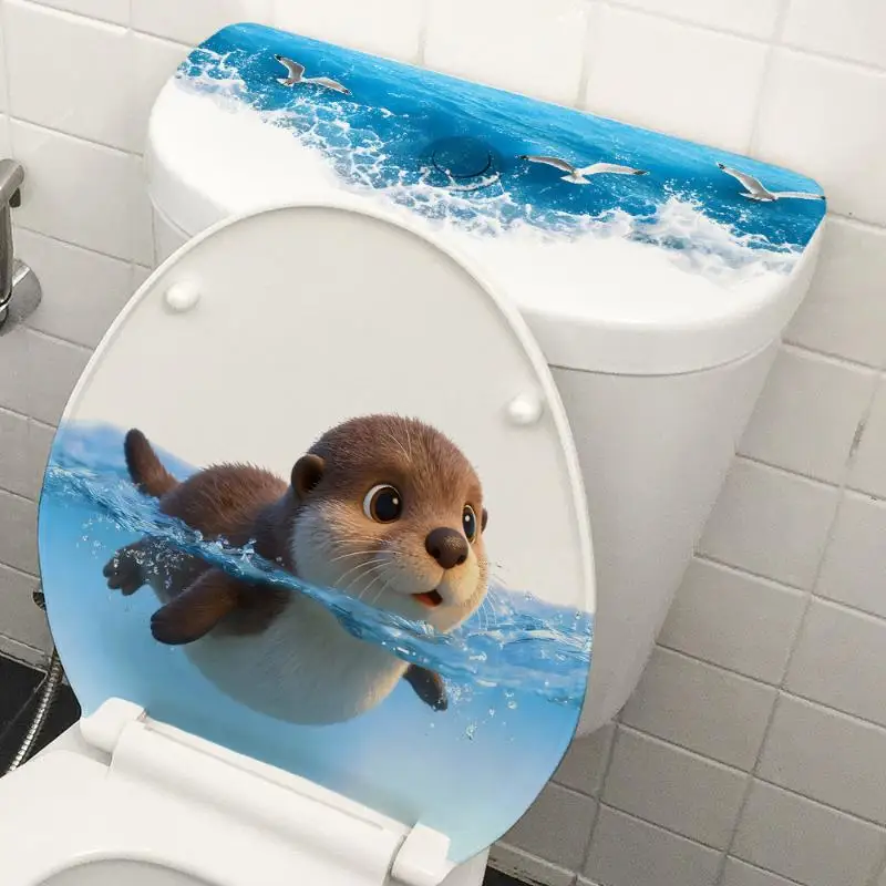 Cute Cartoon Penguins Toilet Stickers, Waterproof Ocean Wave Toilet Seat Decals, Removable Bathroom Decor For Kids Bathroom Home
