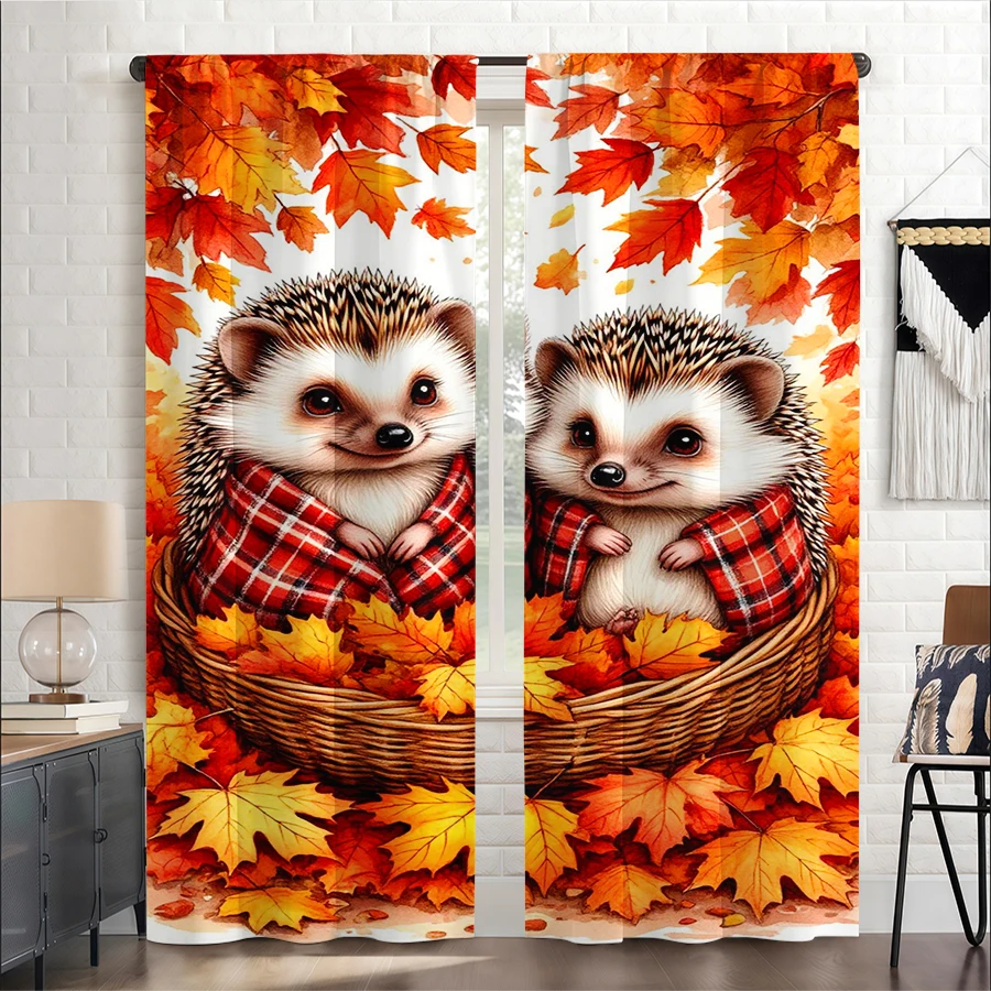 2PCS Digital Print Curtain, Two Hedgehogs Basket Maple Leaves, Cute Autumn Woodland Animal Style for Living Room Bedroom Decor