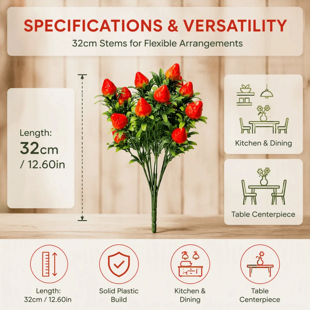 6 Pcs 12.6 Inch Artificial Strawberry Plant Lifelike Design Handcrafted Faux Strawberry Stem No Thorns Fake Strawberry Bouquet