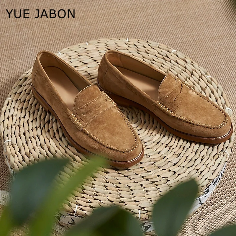 Brown High Quality Genuine Leather Flat Shoes Men Round Toe Slip-on Loafers Daily Comfort Outdoor Walk Shoes Man Zapatos Mujer