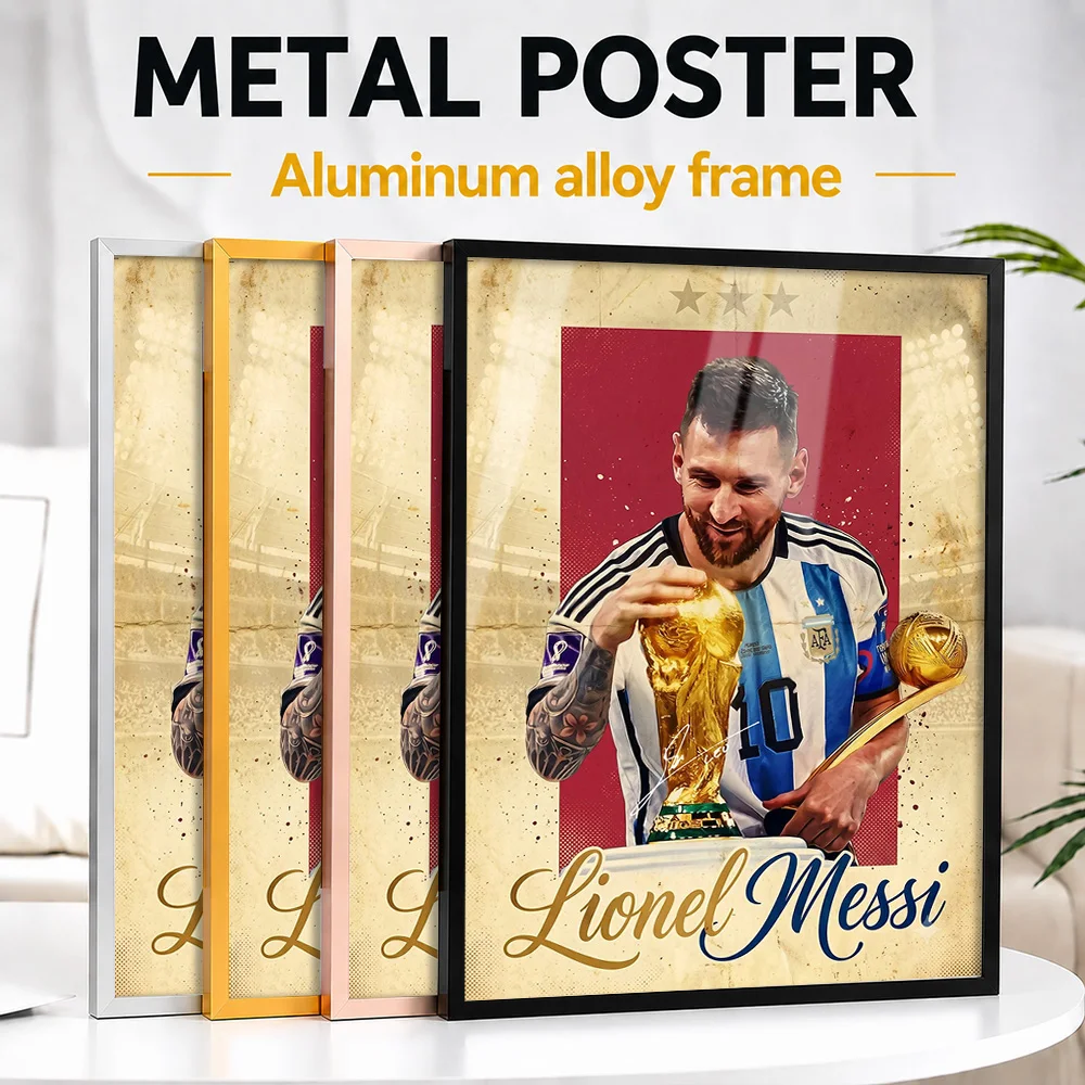 Lionel Messi With Trophy Framed Metal Print Personalized Illustration Wall Art For Clubhouse Reception Area, Soccer Fan Gift