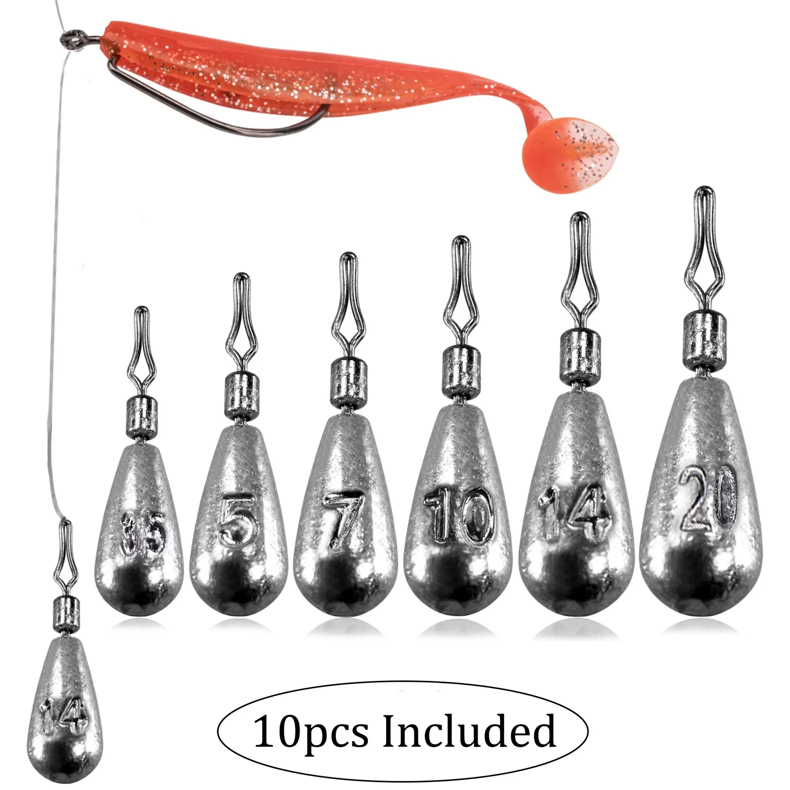 

10pcs Drop Shot Sinkers 3.5g 5g 7g 10g 14g 20g Fishing Leads Sinker With 360° Rotation Swivels Dropshot Lead Weights For Lure